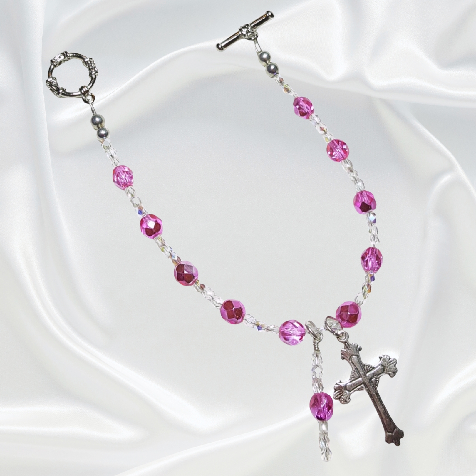 Watermelon Pink Metallic Crystal Rosary Bracelet Divine Mercy Chaplet