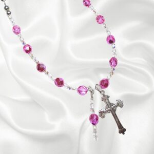 Watermelon Pink Metallic Crystal Rosary Bracelet Divine Mercy Chaplet