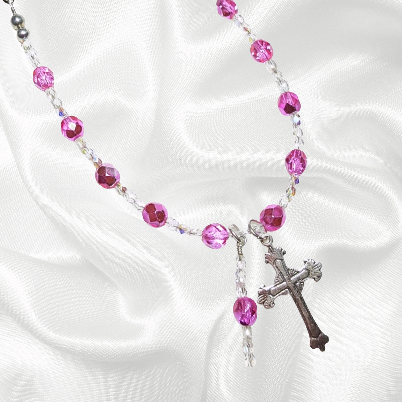 Watermelon Pink Metallic Crystal Rosary Bracelet Divine Mercy Chaplet