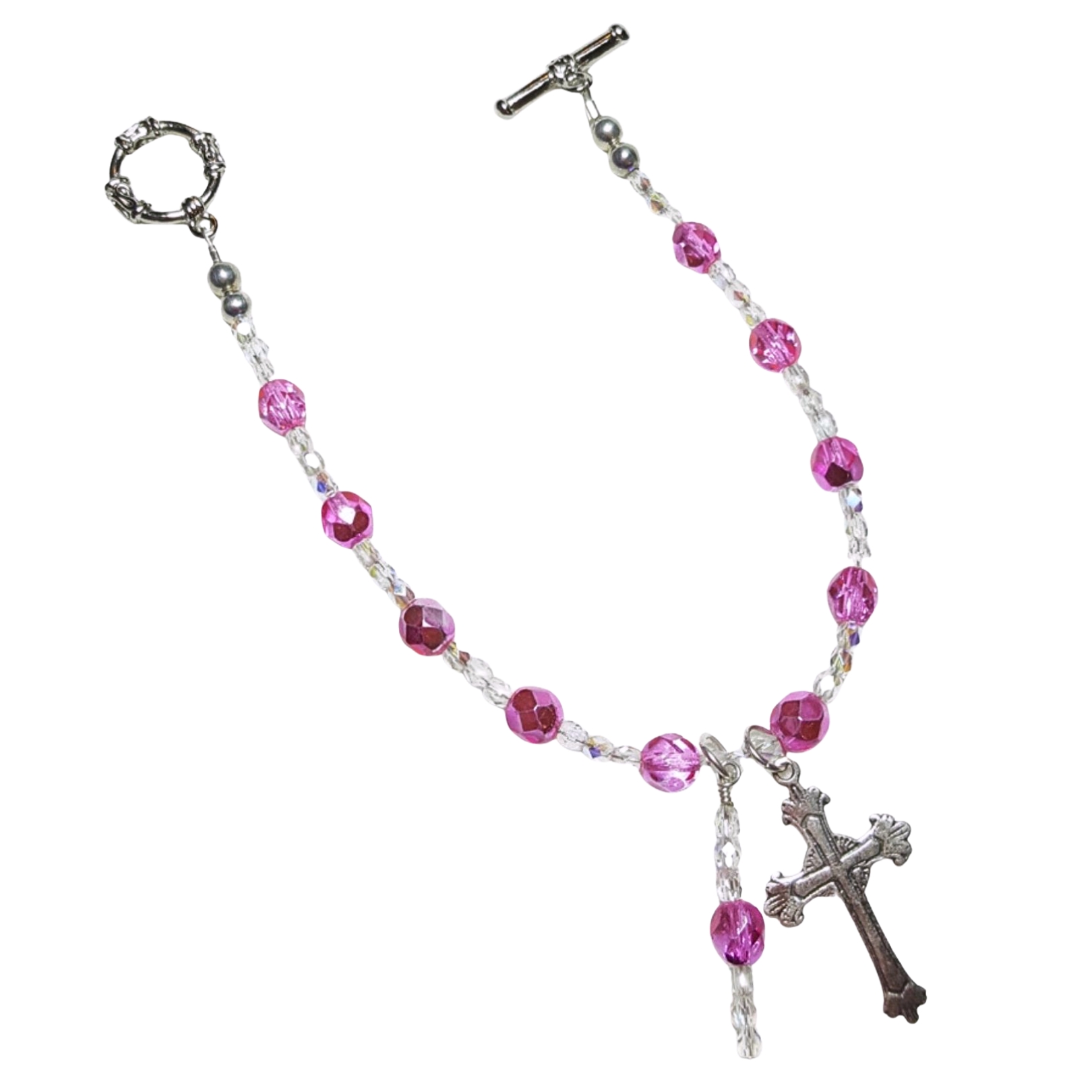 Watermelon Pink Metallic Crystal Rosary Bracelet Divine Mercy Chaplet