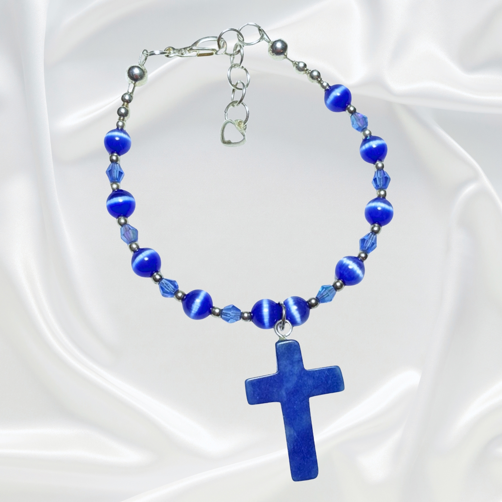 Sapphire Blue Crystals Cats Eye Beaded Rosary Bracelet Divine Mercy Chaplet