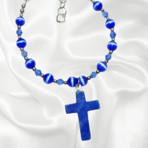 Sapphire Blue Crystals Cats Eye Beaded Rosary Bracelet Divine Mercy Chaplet