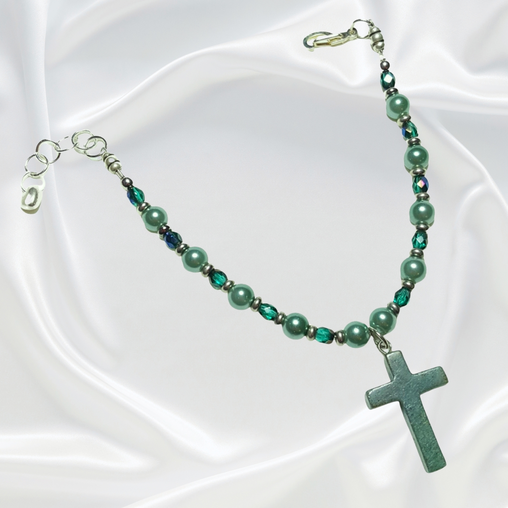 Teal Green Pearl Fancy Jasper Gemstone Cross Rosary Bracelet Divine Mercy Chaplet