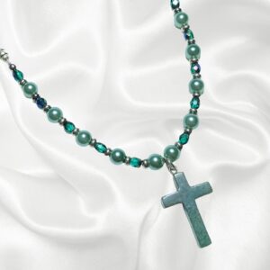 Teal Green Pearl Fancy Jasper Gemstone Cross Rosary Bracelet Divine Mercy Chaplet
