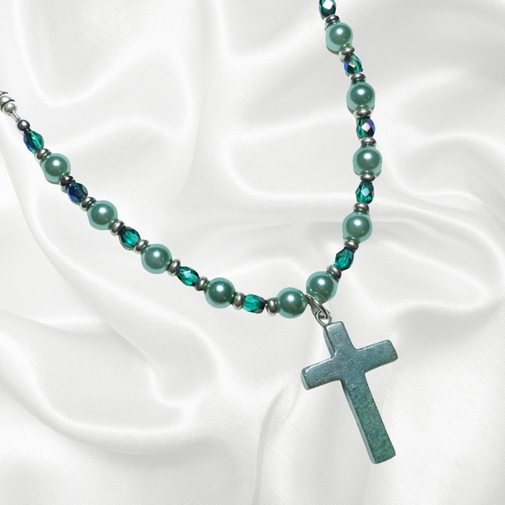 Teal Green Pearl Fancy Jasper Gemstone Cross Rosary Bracelet Divine Mercy Chaplet