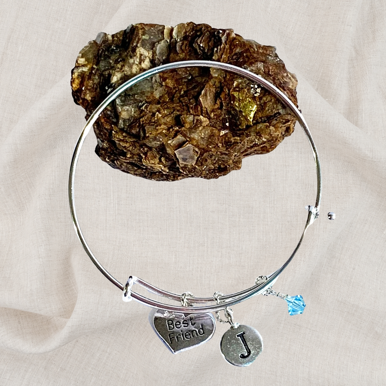 Best Friend Heart Birthstone Charm Initial Bangle Bracelet Style 01