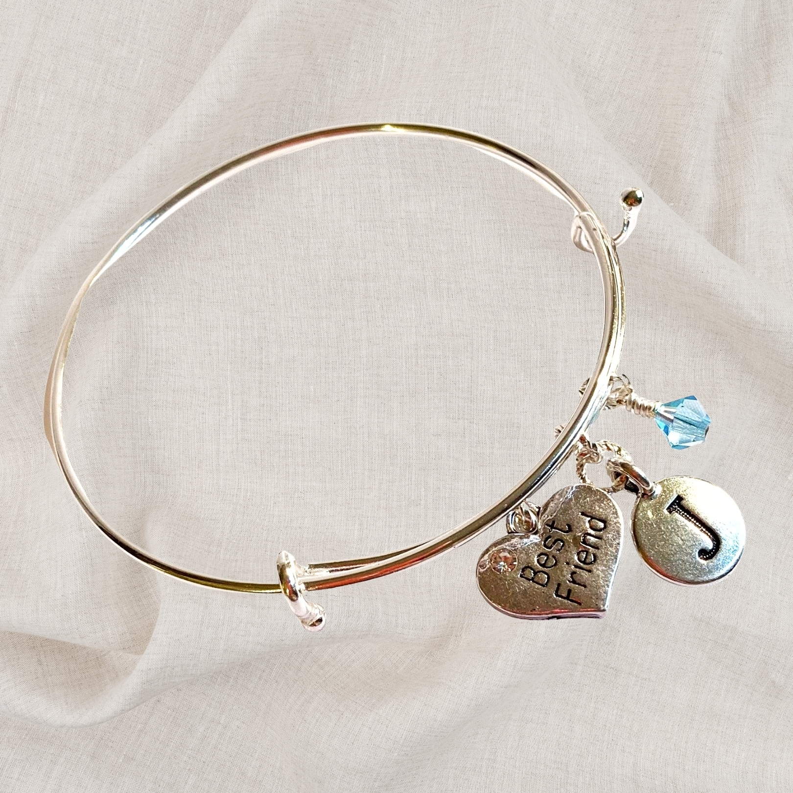 Best Friend Heart Birthstone Charm Initial Bangle Bracelet Style 01