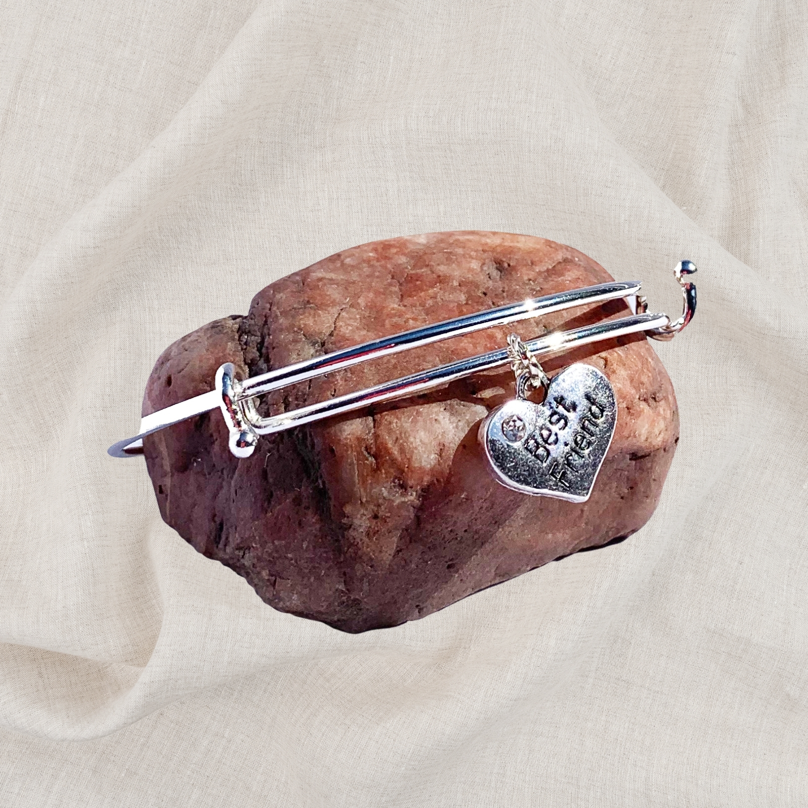 Best Friend Heart Birthstone Charm Initial Bangle Bracelet Style 01