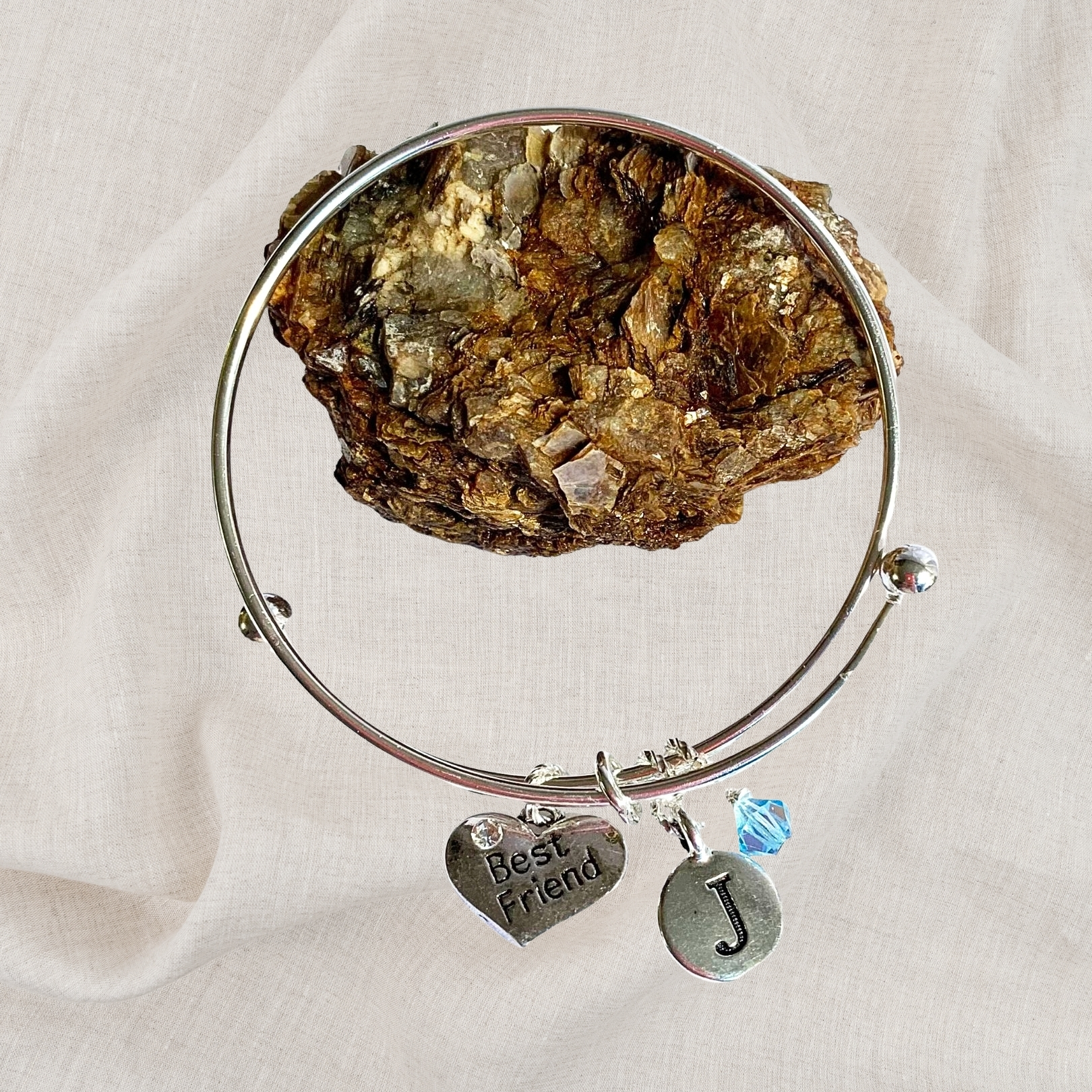 Best Friend Heart Birthstone Charm Initial Bangle Bracelet Style 02