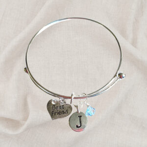 Best Friend Heart Birthstone Charm Initial Bangle Bracelet Style 02