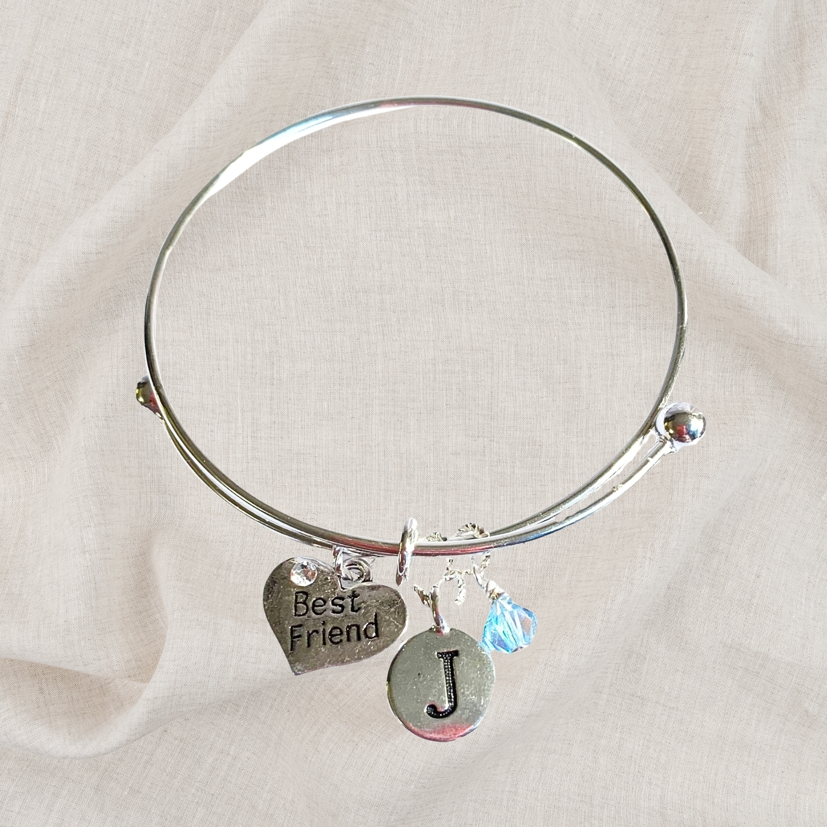 Best Friend Heart Birthstone Charm Initial Bangle Bracelet Style 02