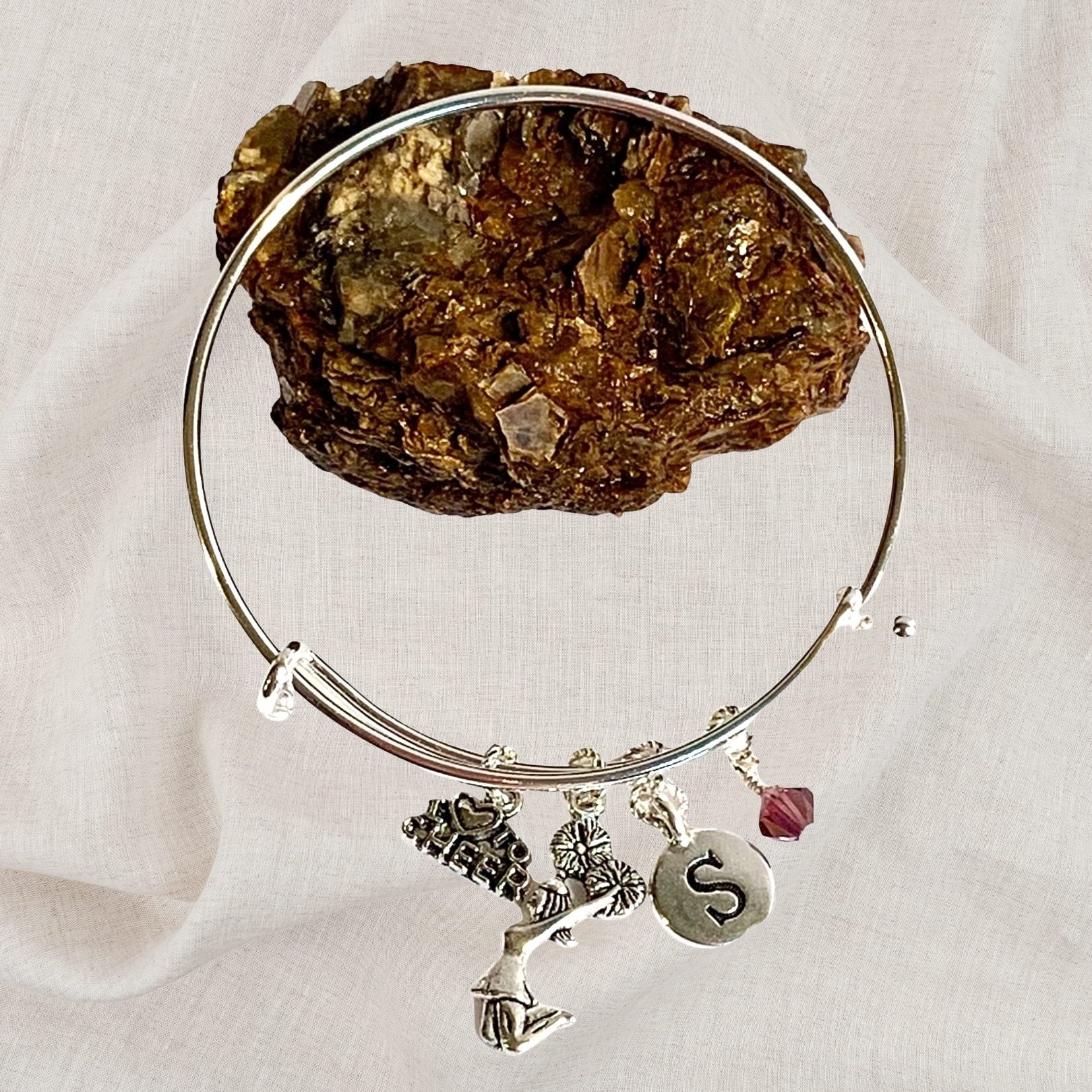 Cheerleader Birthstone Charm Initial Bangle Bracelet Style 01