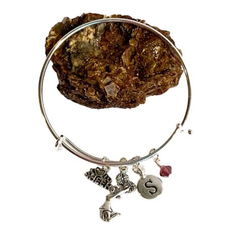 Personalized Cheerleader Bangle Bracelet – Custom Birthstone & Initial – Cheer Team Gift, Competition, Senior Night