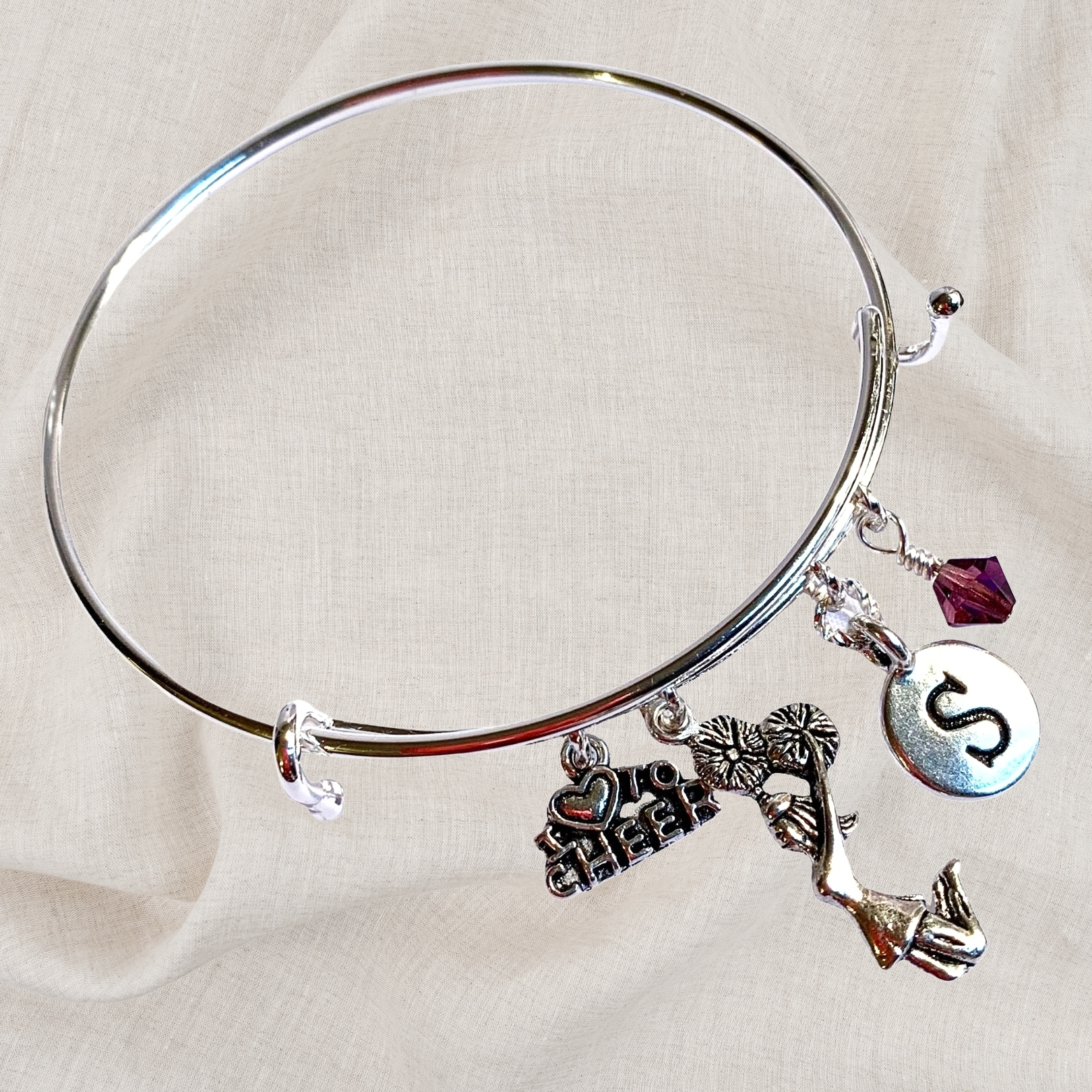 Cheerleader Birthstone Charm Initial Bangle Bracelet Style 01
