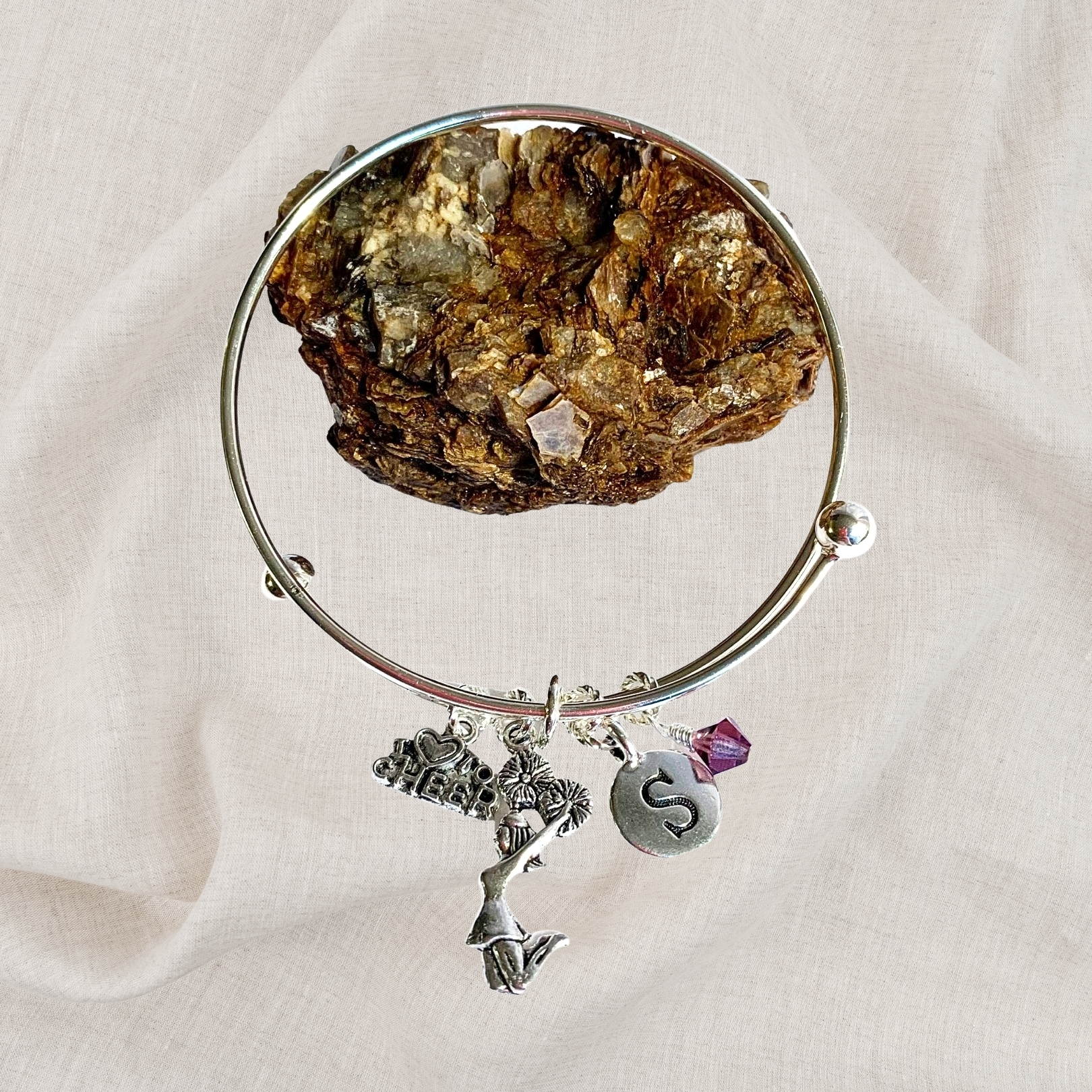 Cheerleader Birthstone Charm Initial Bangle Bracelet Style 02