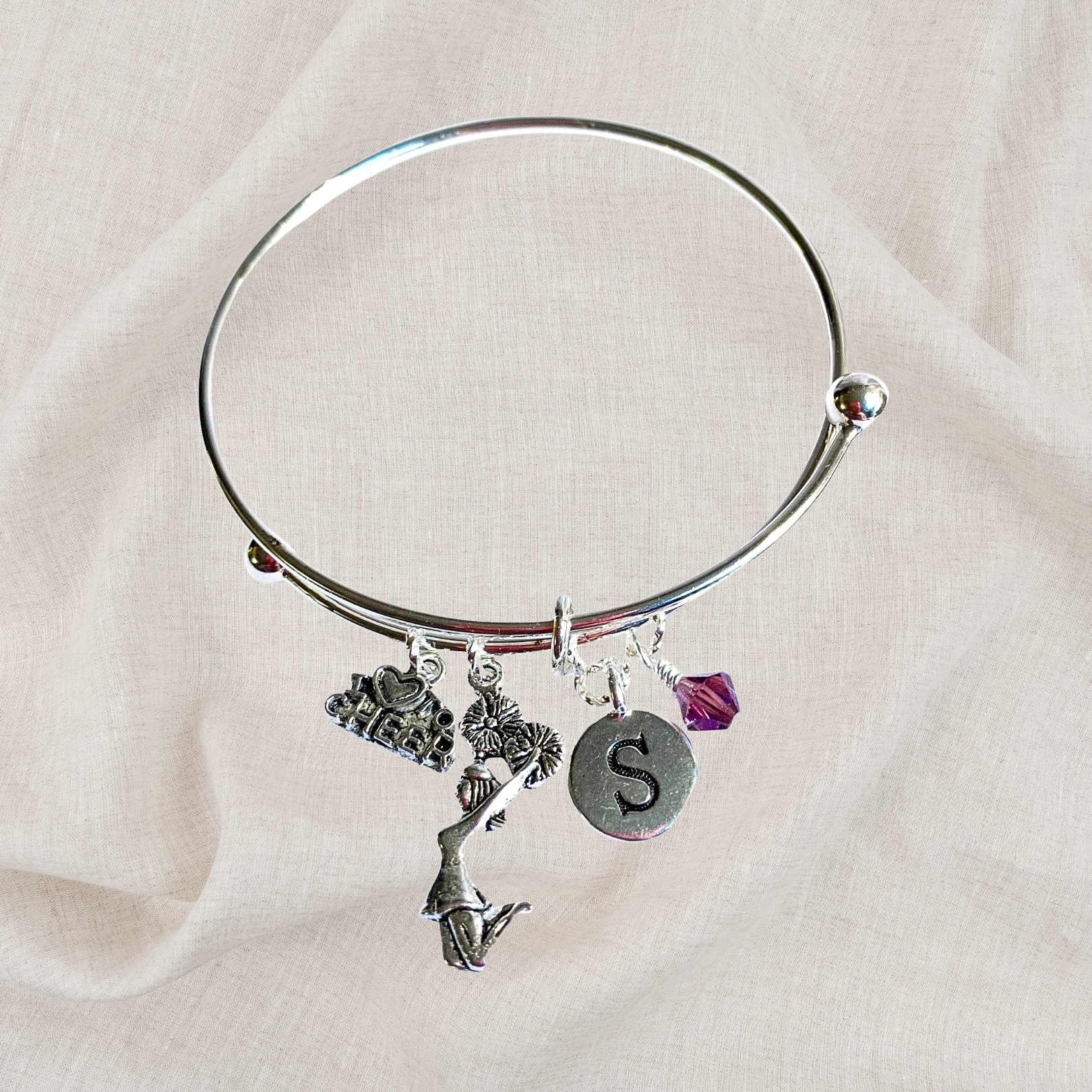 Cheerleader Birthstone Charm Initial Bangle Bracelet Style 02