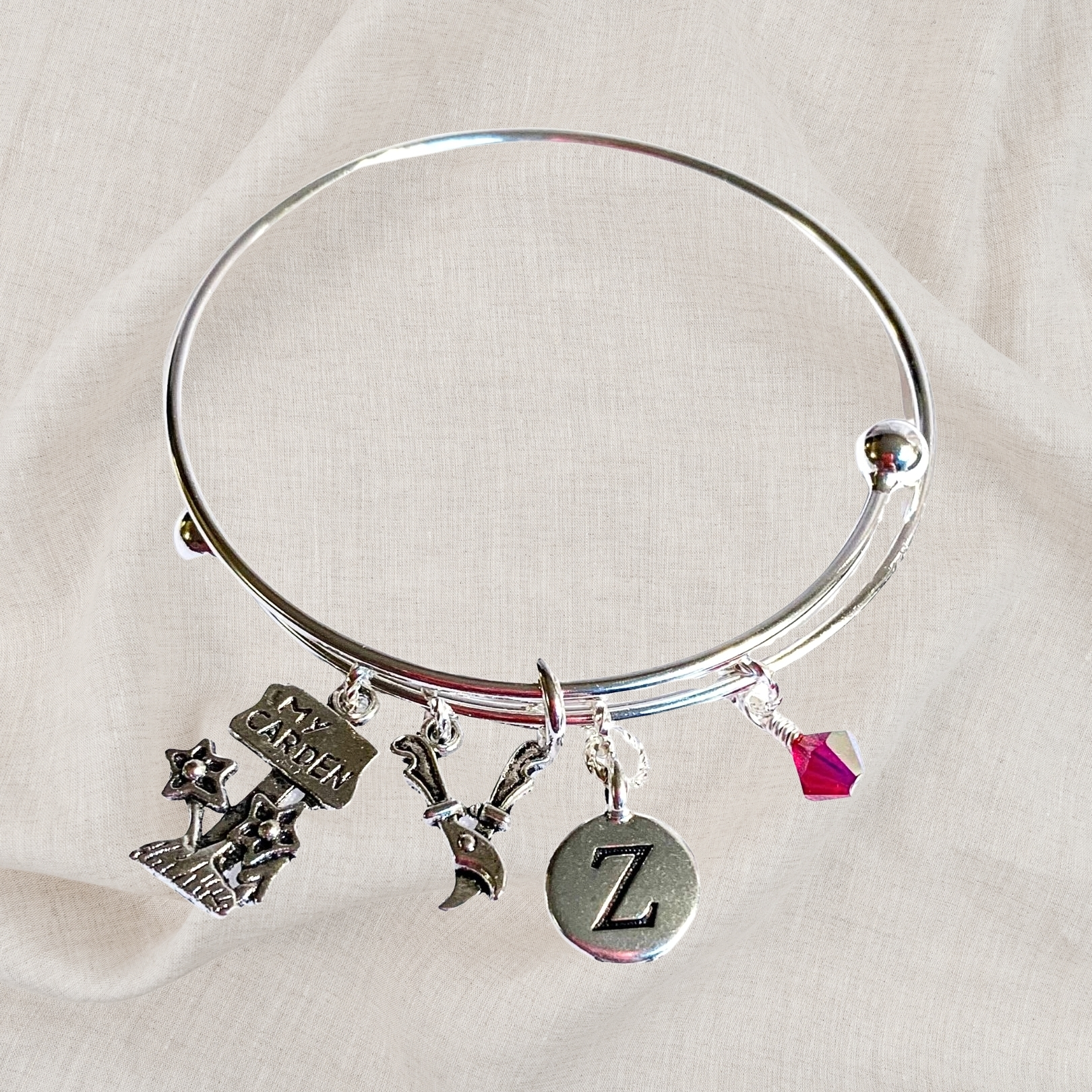 Gardening Garden Birthstone Charm Initial Bangle Bracelet Style 02