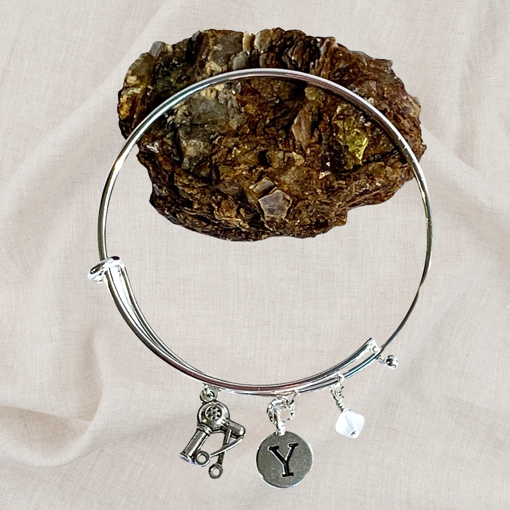 Hairstylist Birthstone Charm Initial Bangle Bracelet Style 01