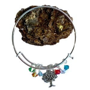 Personalized Family Tree Bangle Bracelet – Custom Birthstones & Initials – Mom, Grandma, Generations Gift