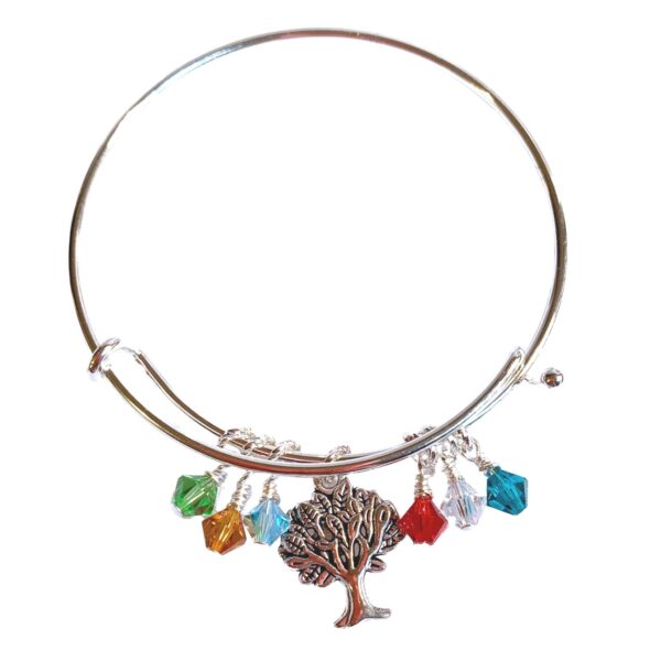 Personalized Family Tree Bangle Bracelet – Custom Birthstones & Initials – Mom, Grandma, Generations Gift