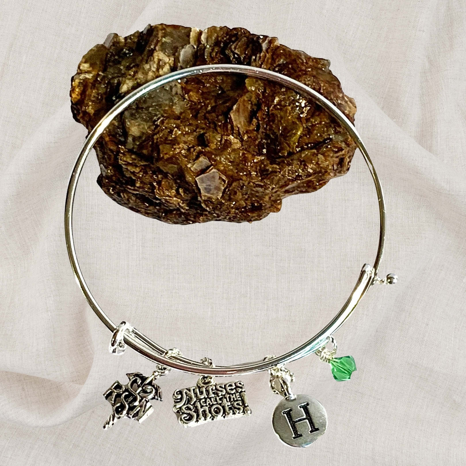 Nurse Birthstone Charm Initial Bangle Bracelet Style 01