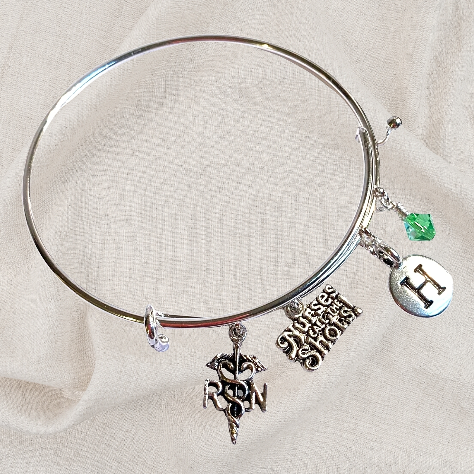Nurse Birthstone Charm Initial Bangle Bracelet Style 01