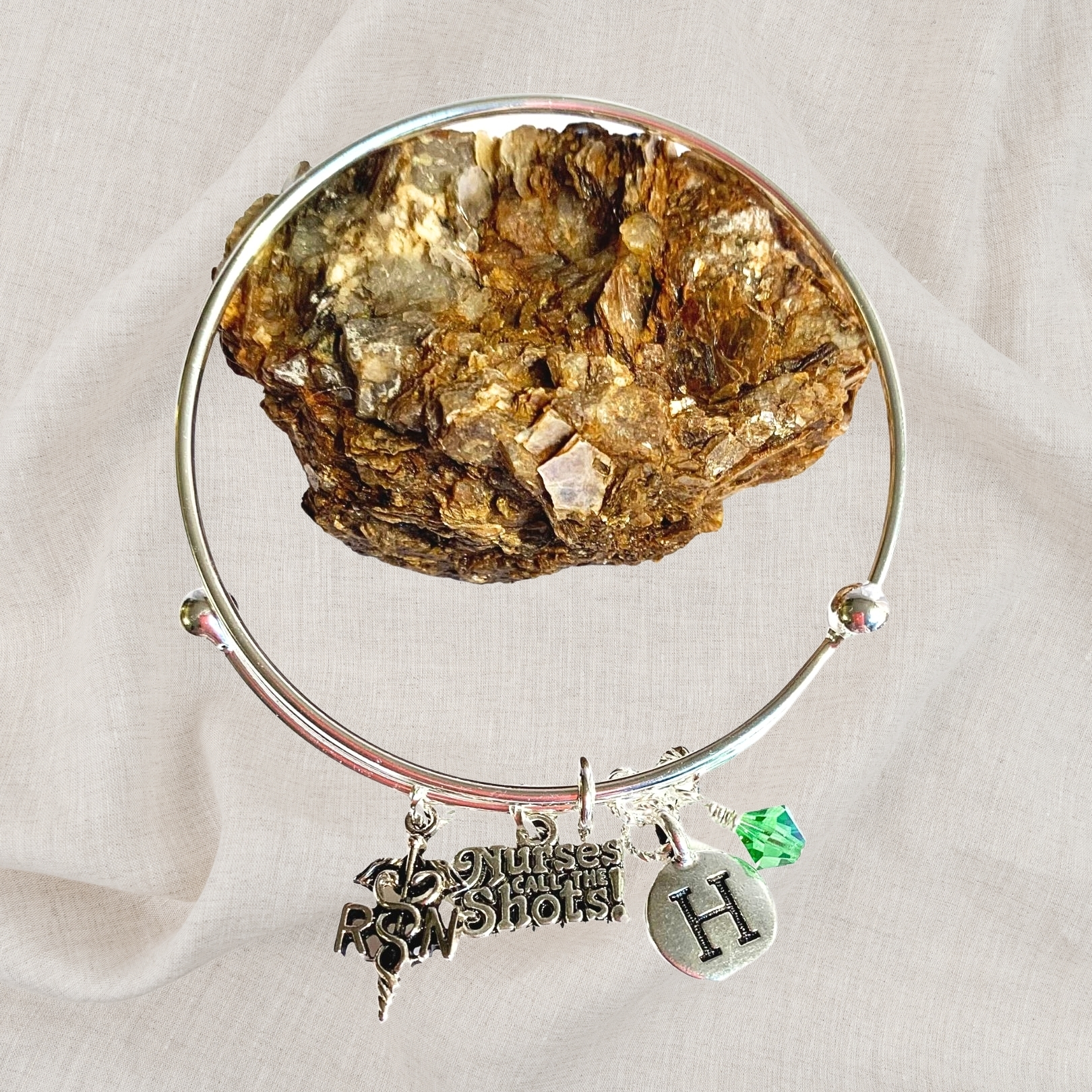 Nurse Birthstone Charm Initial Bangle Bracelet Style 02