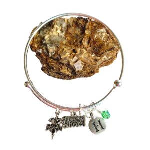 Personalized Nurse Charm Bracelet – Custom Birthstone & Initial – RN Graduation, Appreciation, Retirement Gift