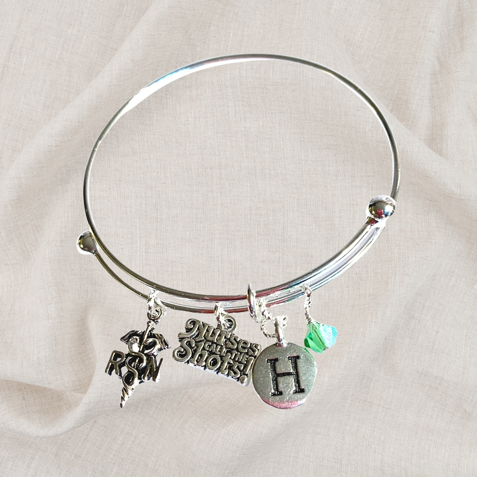 Nurse Birthstone Charm Initial Bangle Bracelet Style 02