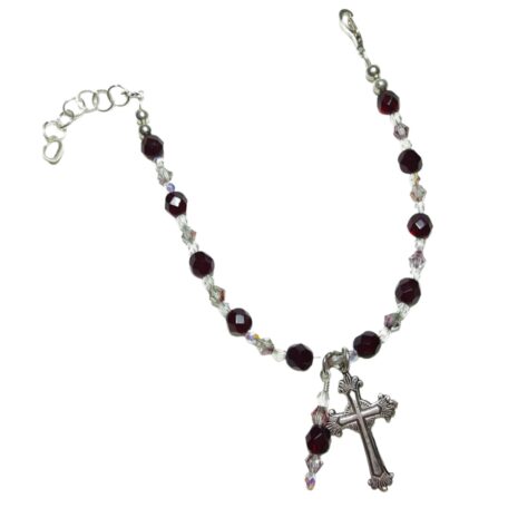Garnet Rosary Bracelet • January Birthstone Catholic Gift • Sterling Silver Cross • Handmade Czech Crystal Jewelry for Women & Girls