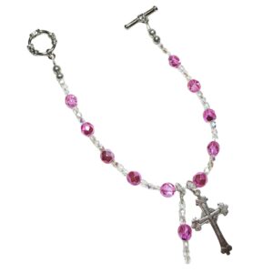 Watermelon Pink Rosary Bracelet • Sterling Silver Cross • Metallic Czech Crystal Catholic Gift • Handmade Jewelry for Women & Girls