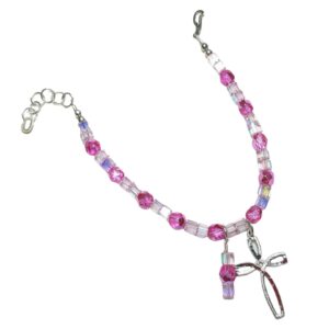 Pink Rosary Bracelet with AB Cube Crystals • Laser-Cut Cross • Handmade Catholic Gift for Girls & Women • Metallic Czech Crystal Jewelry