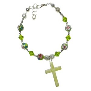 Peridot Rosary Bracelet • August Birthstone Catholic Gift • Serpentine Gemstone Cross • Cloisonné & Crystal Beaded Jewelry for Women