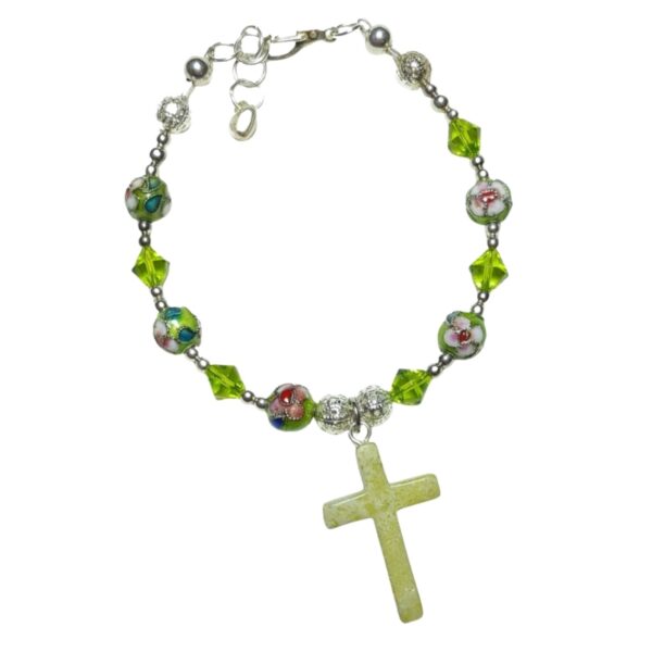Peridot Rosary Bracelet • August Birthstone Catholic Gift • Serpentine Gemstone Cross • Cloisonné & Crystal Beaded Jewelry for Women
