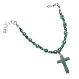 Teal Rosary Bracelet • Fancy Jasper Gemstone Cross • Handmade Catholic Jewelry • Crystal Pearls & Green Czech Beads for Women and Girls