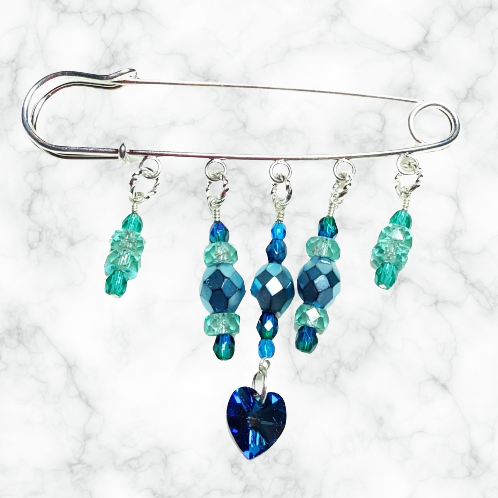 Bermuda Blue Crystal Beaded Shawl Scarf Sweater Pin Brooch