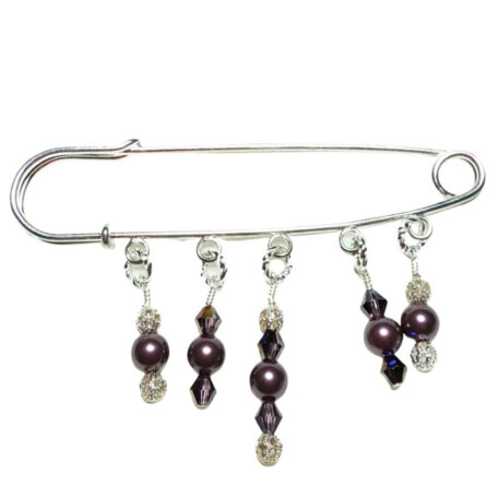 Evening Bloom Dark Mauve Crystal Pearl Shawl Pin with Silver Filigree
