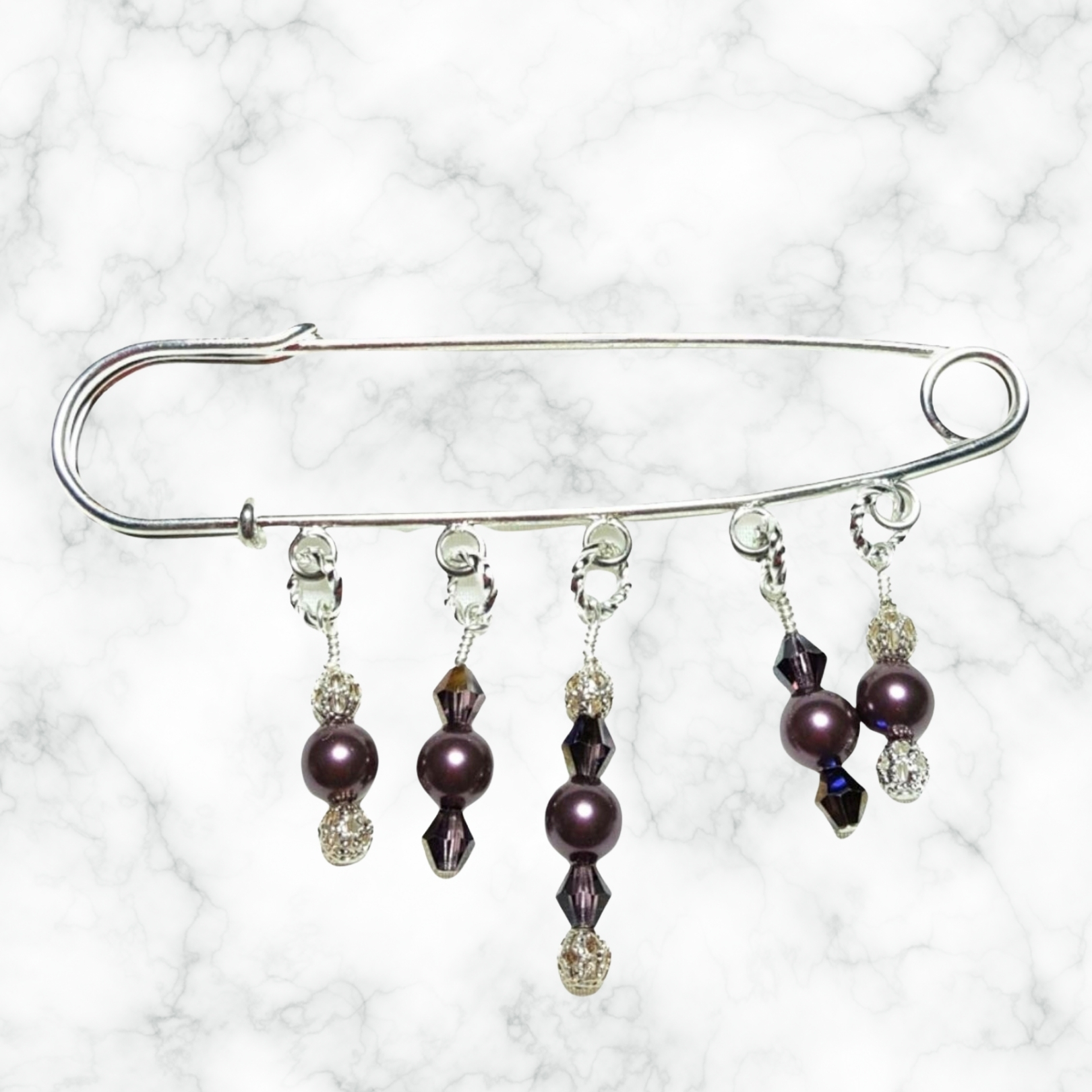 Burgundy Pearl Crystal Beaded Shawl Scarf Sweater Pin Brooch