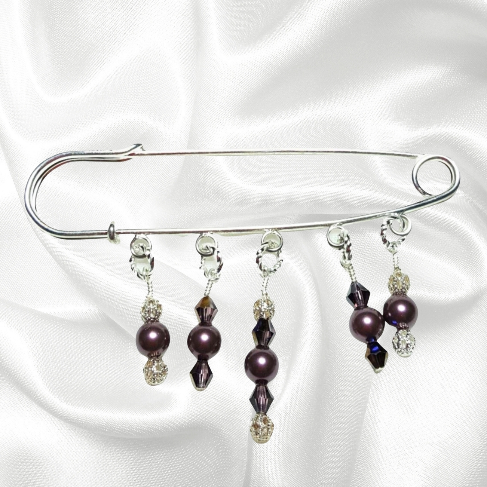 Burgundy Pearl Crystal Beaded Shawl Scarf Sweater Pin Brooch