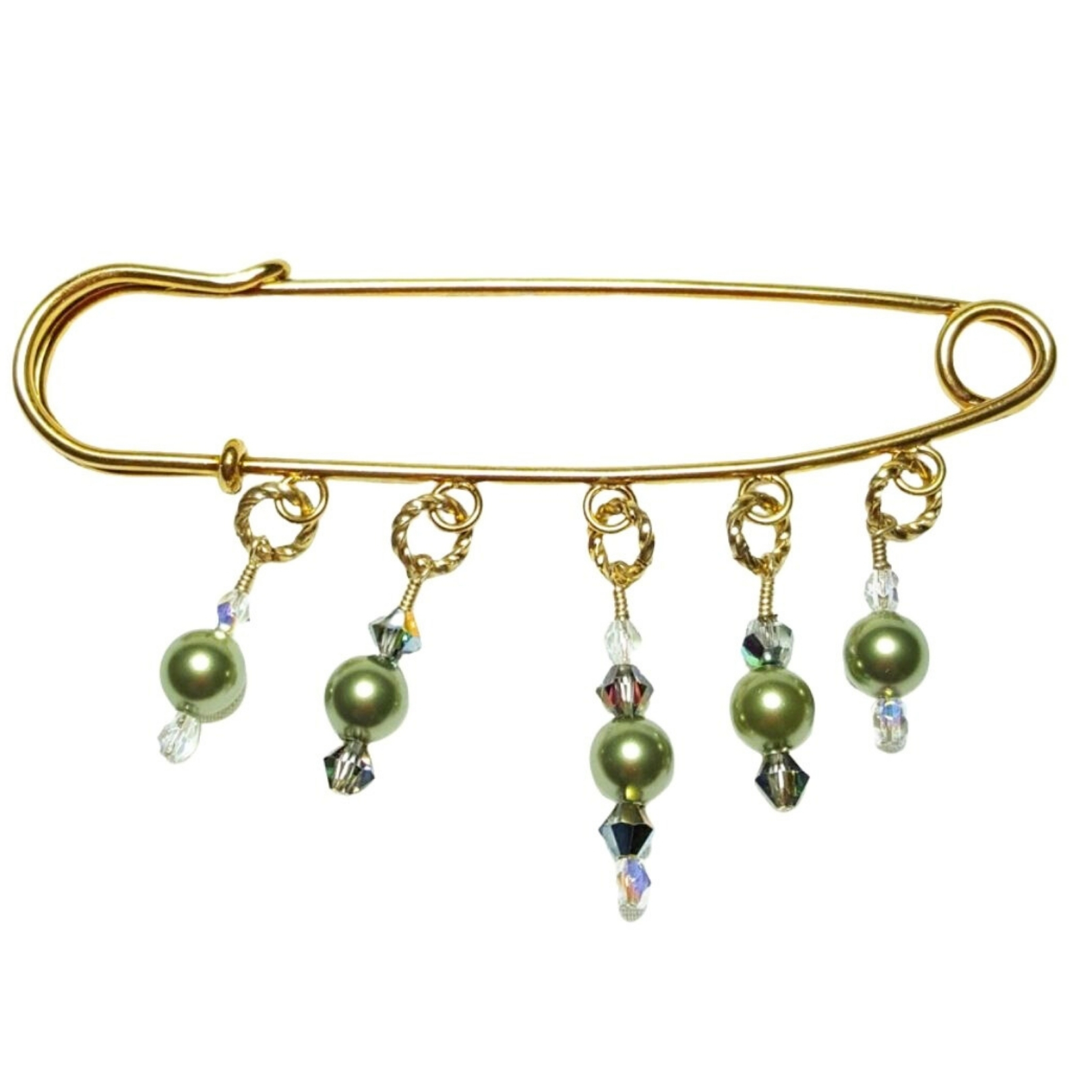 Peridot Green Pearl Crystal 14K Beaded Shawl Scarf Sweater Pin Brooch