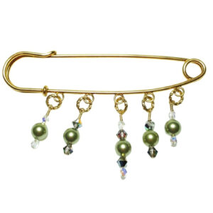 Verdant Muse Peridot Green Pearl Shawl Pin with Gold Wire Wrapping and Crystal Accents