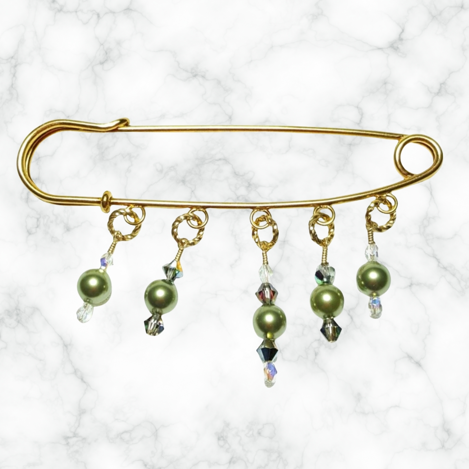 Peridot Green Pearl Crystal 14K Beaded Shawl Scarf Sweater Pin Brooch