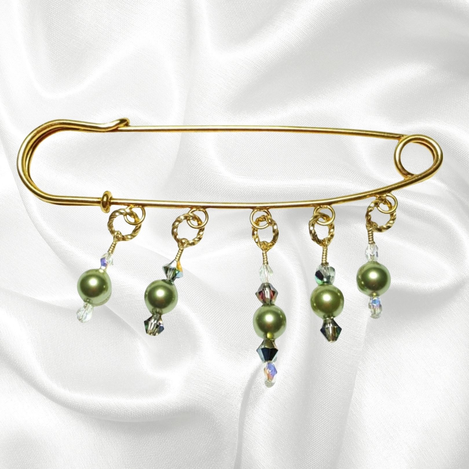 Peridot Green Pearl Crystal 14K Beaded Shawl Scarf Sweater Pin Brooch
