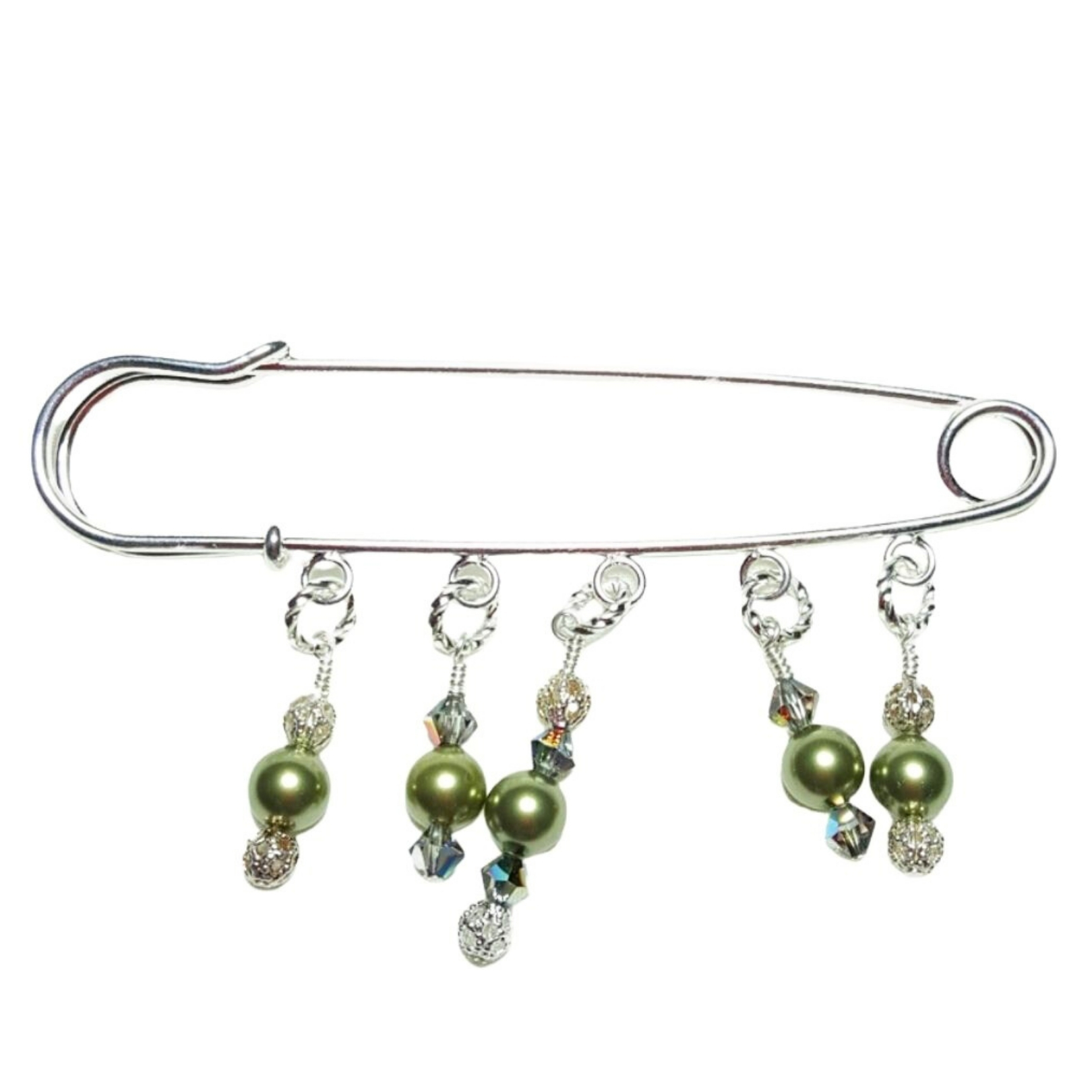 Peridot Green Pearl Crystal Beaded Shawl Scarf Sweater Pin Brooch