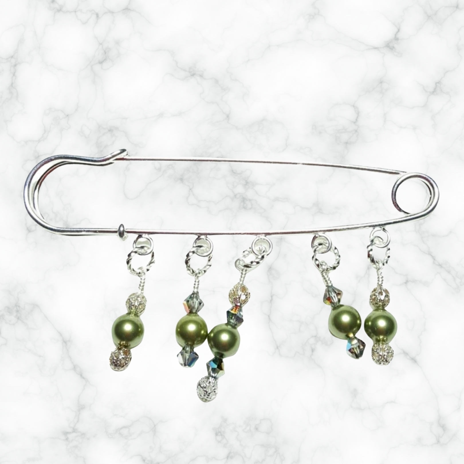 Peridot Green Pearl Crystal Beaded Shawl Scarf Sweater Pin Brooch