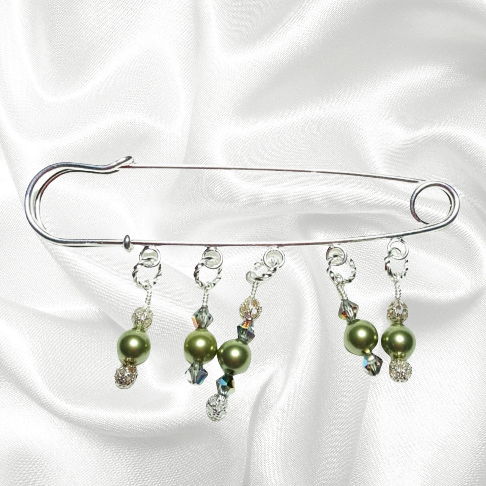 Peridot Green Pearl Crystal Beaded Shawl Scarf Sweater Pin Brooch