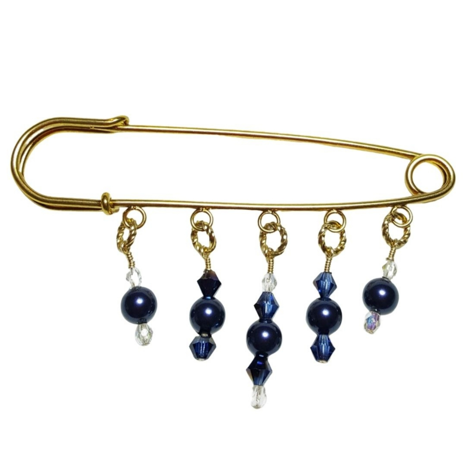 Midnight Blue Pearl Crystal 14K Beaded Shawl Scarf Sweater Pin Brooch