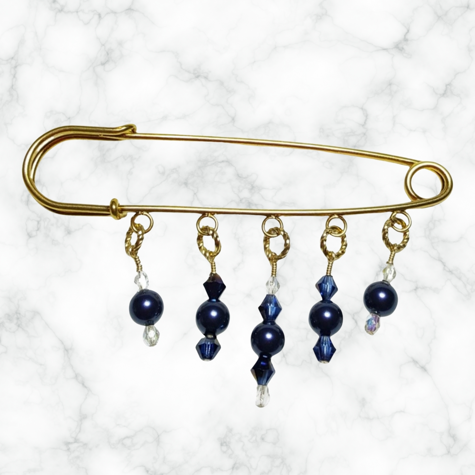 Midnight Blue Pearl Crystal 14K Beaded Shawl Scarf Sweater Pin Brooch