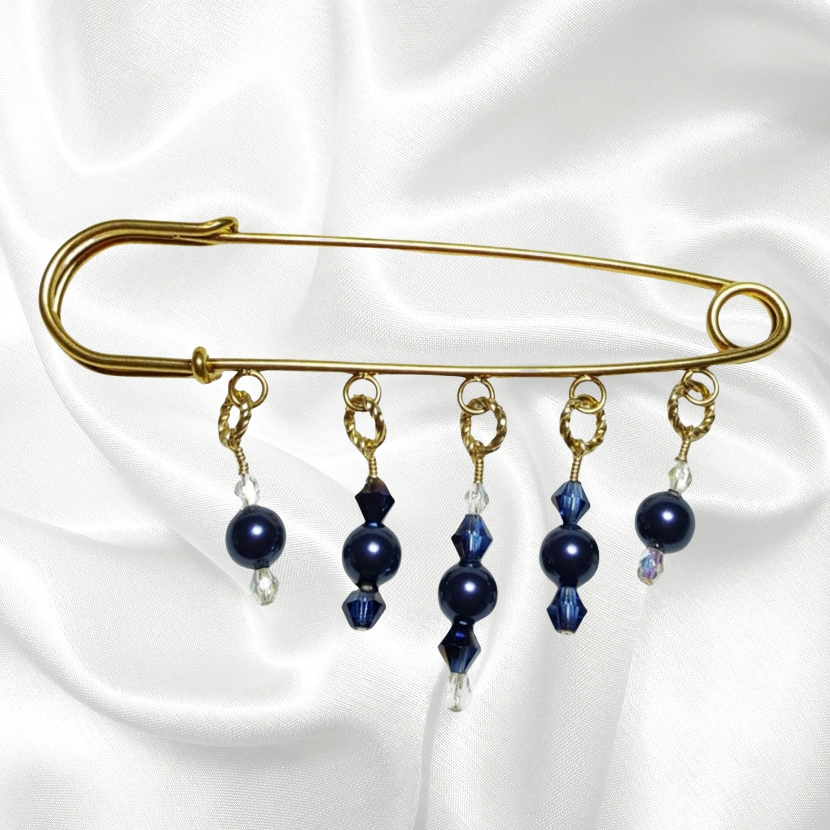 Midnight Blue Pearl Crystal 14K Beaded Shawl Scarf Sweater Pin Brooch