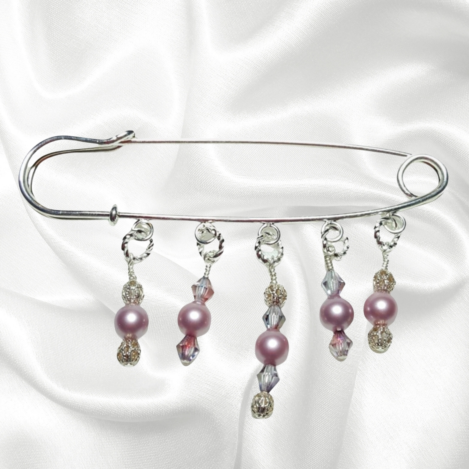Pink Mauve Pearl Crystal Beaded Shawl Scarf Sweater Pin Brooch